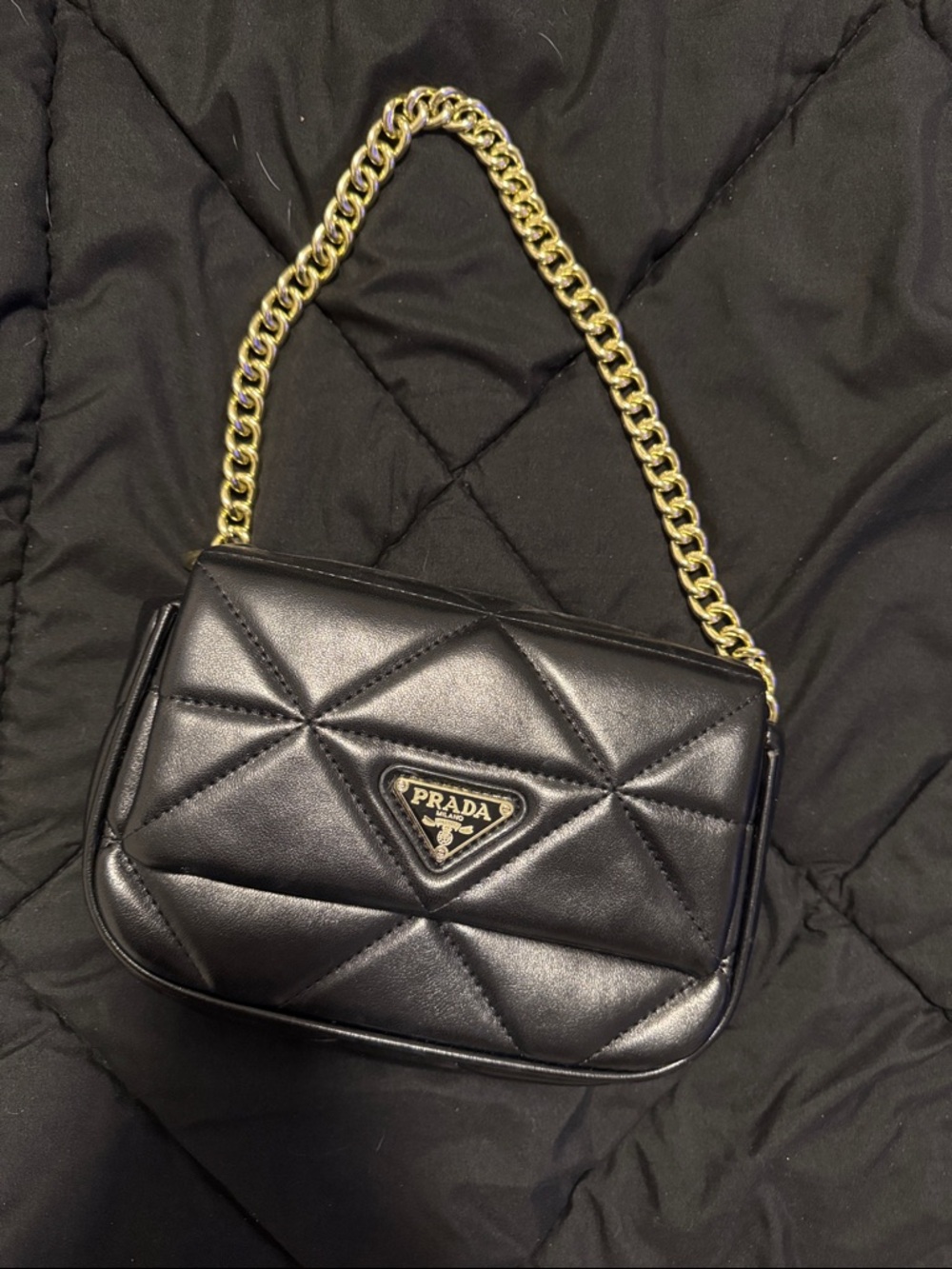 Prada Black Quilted Leather Shoulder Bag with Gold Chain Strap